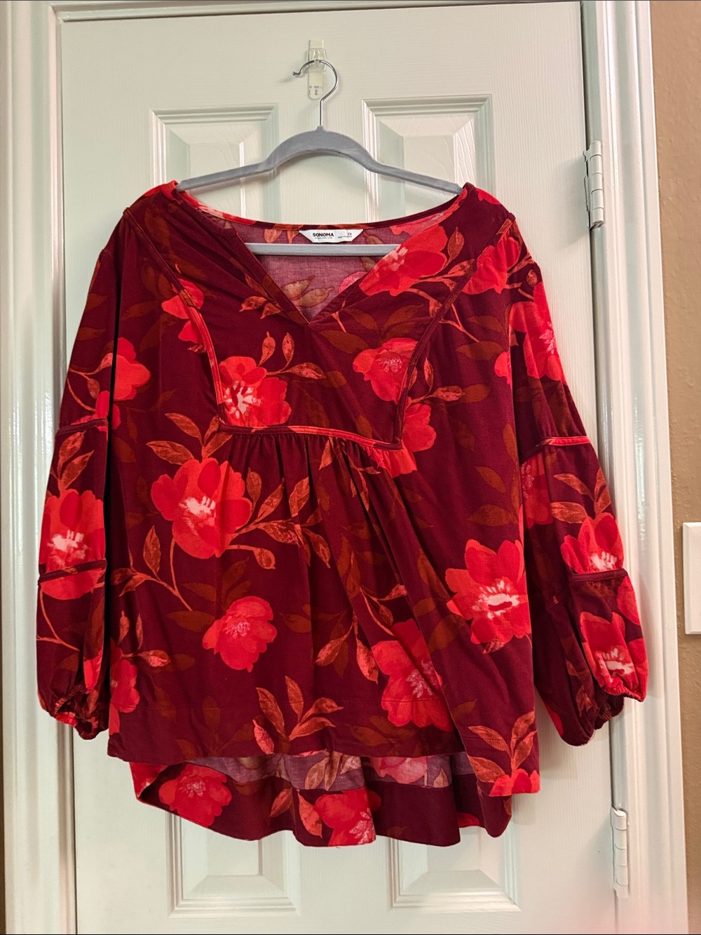 Sonoma Burgundy and Red Floral V-Neck Peasant Blouse